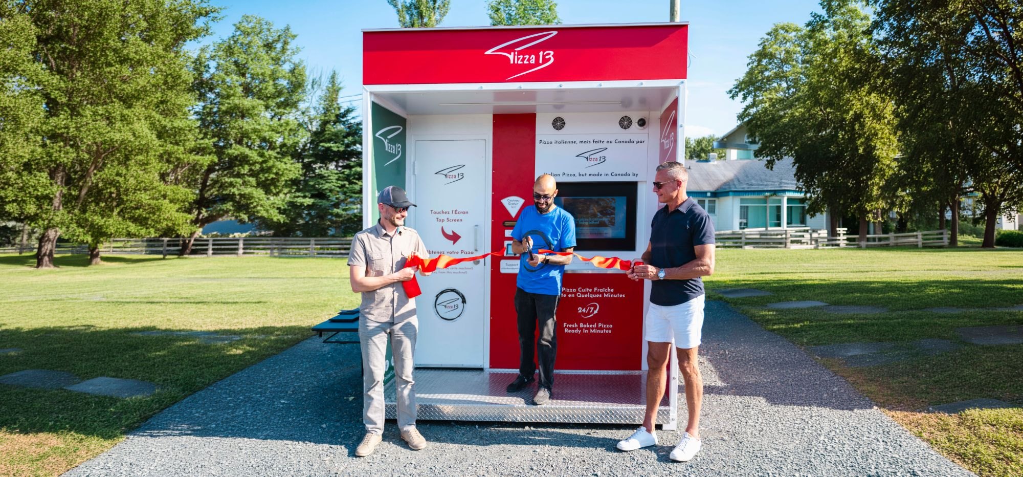 Ribbon cutting at the opening of the Pizza 13 Outdoor Kiosk in Bathurst, New Brunswick