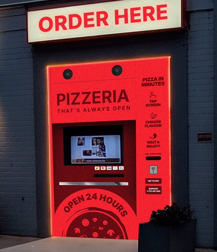 An ATM Kiosk set into a wall, its edge light and backlit sign glowing at night