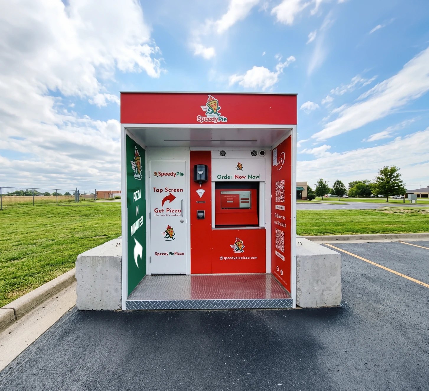 An Outdoor Kiosk in a parking lot, wrapped in the Speedy Pie brand